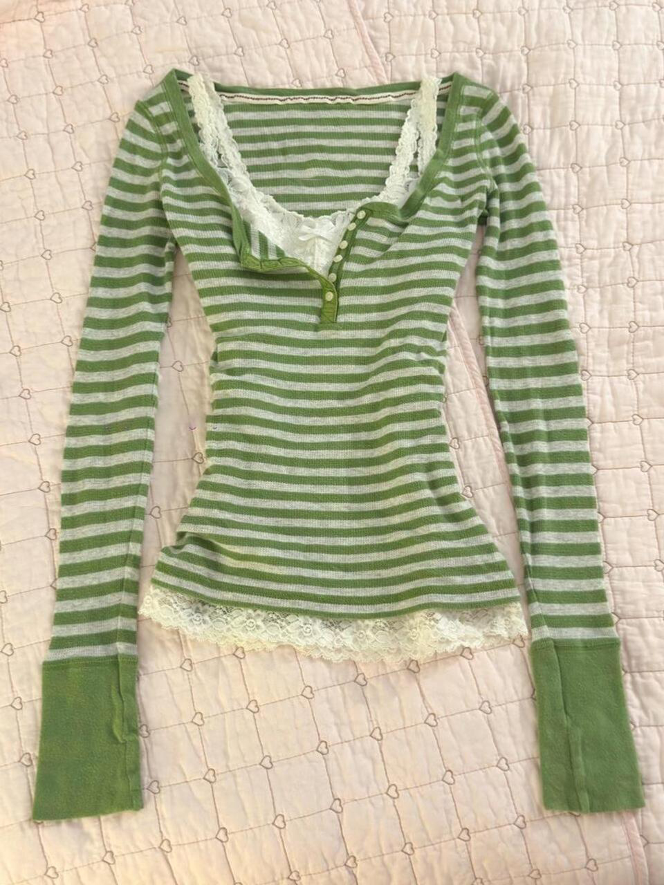 Tees 2000s Y2k Green Stripe Wo - đánh giá và giá Vintage Y2K