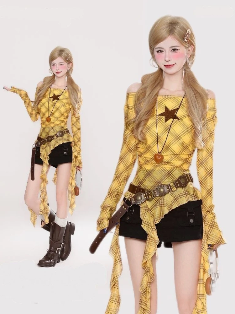 Y2K Plaid Slash Neck Vintage T - đánh giá và giá Vintage Fashion Aesthetic
