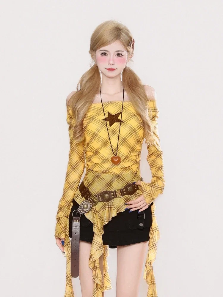 Y2K Plaid Slash Neck Vintage T - đánh giá và giá Vintage Fashion Aesthetic