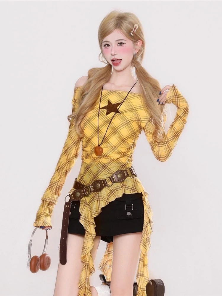 Y2K Plaid Slash Neck Vintage T - đánh giá và giá Vintage Fashion Aesthetic